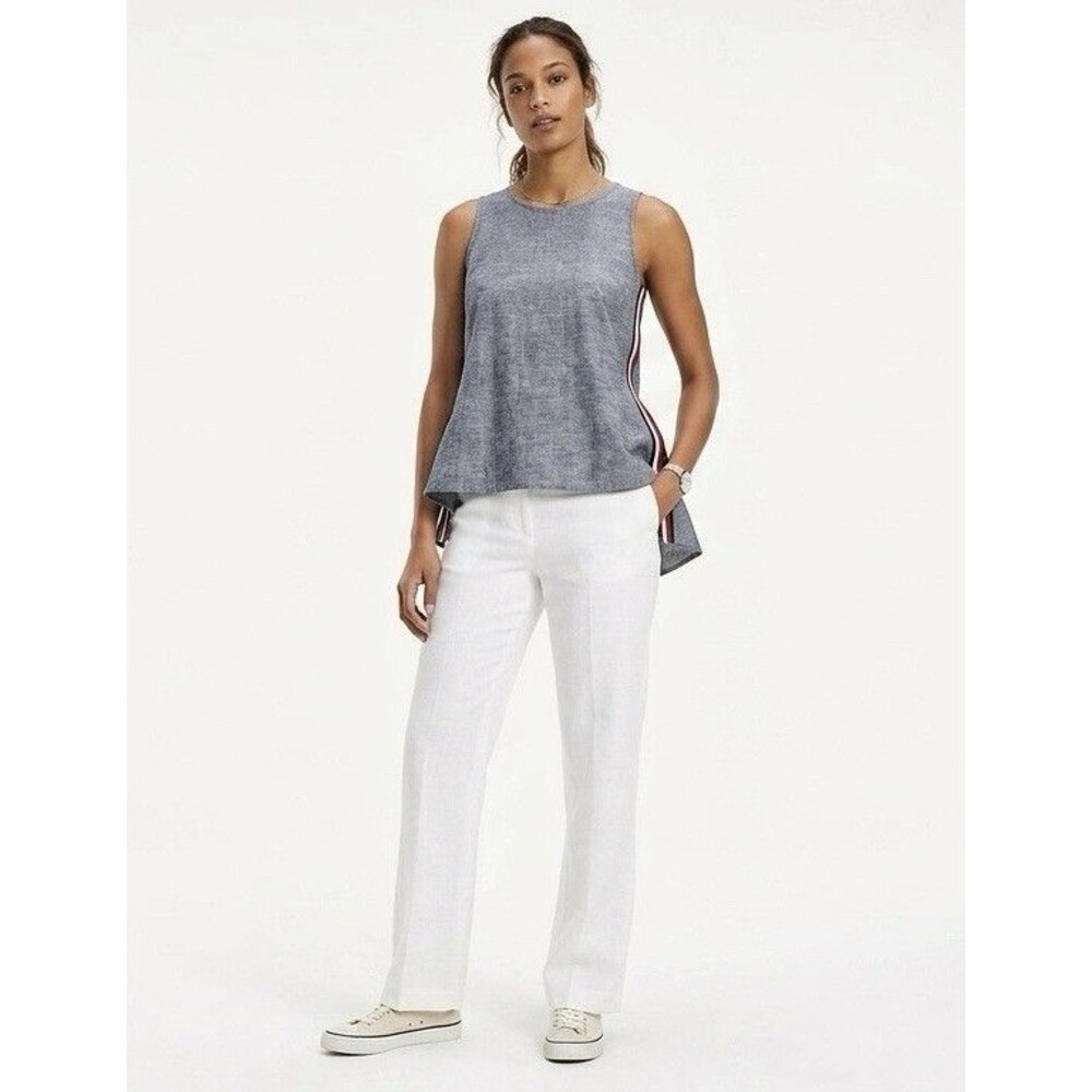 Tommy Hilfiger Women's Linen Tank Top Blouse Blue Sleeveless Ruffled Back Size L